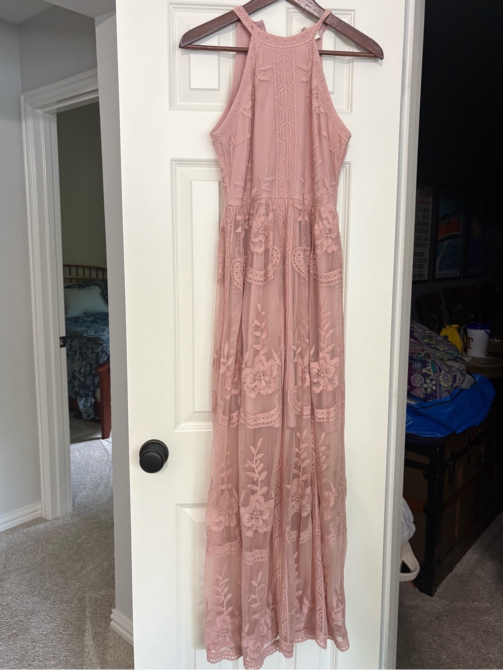 Altar’d State Dusty Rose Embroidered Lace Halter Maxi Dress - Picture 1 of 3
